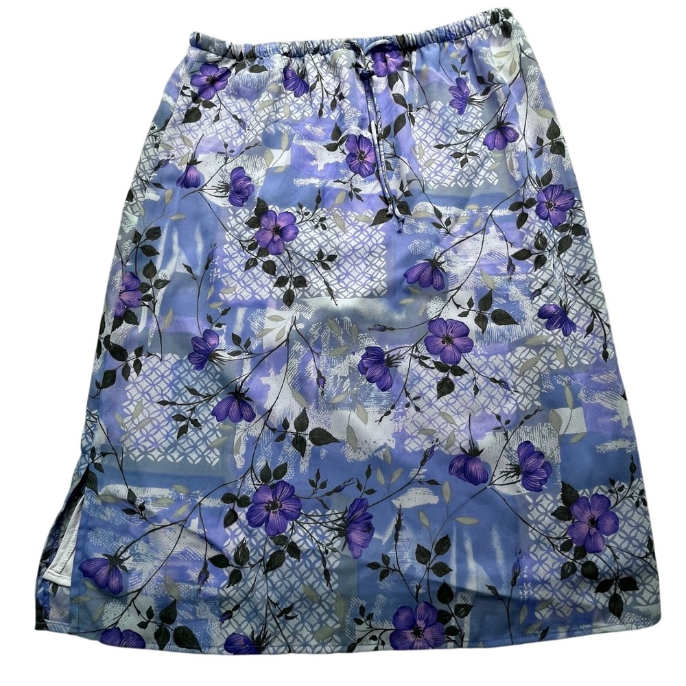 First Option Floral Midi‎ Skirt Womens Medium Blue Purple Elastic Waist 28C109